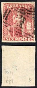 Barbados SG11 6d Pale rose-red 4 margins Cat 120 pounds