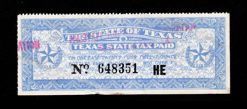 STATE OF TEXAS BEER TAX STAMP - TAX ON CASE OF BEER - FALSTAFF HANDSTAMP 1938-45