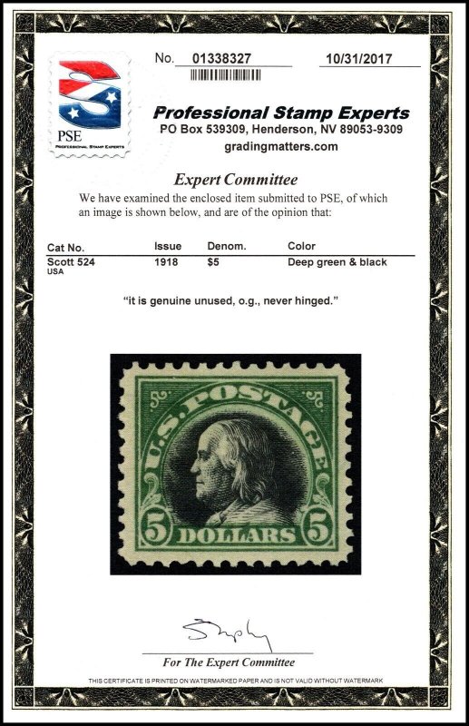 Scott 524 $5.00 Franklin MNH Nice Stamp PSE Cert SCV $340.00 