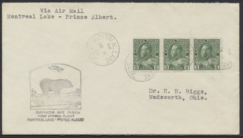 1932 Flight Cover Montreal Lake SASK to Prince Albert #128 2c Admiral Coil Strip