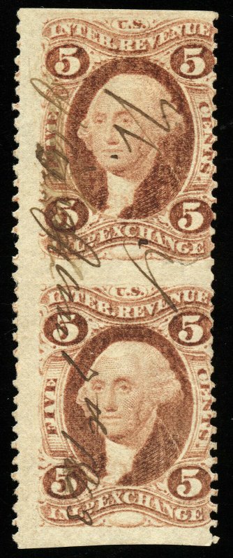 B322 U.S. Revenue Scott R27b 5c Inland Exchange part perf vertical pair 1863 cxl