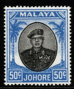 MALAYA JOHORE SG144 1949 50c BLACK & BLUE MTD MINT