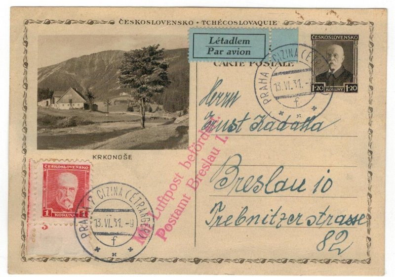 Czechoslovakia - Germany/Poland 1931 Card Flight Prague - Breslau/Wroclaw