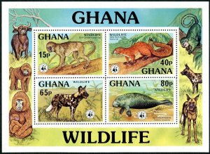 Ghana 625 ad sheet, MNH. Mi Bl.71. WWF 1977. Colobus, Squirrel.Wild Dog,Manatee.