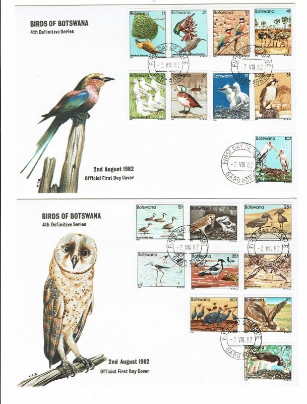 BOTSWANA 1982 BIRD SET ON 2 FIRST DAY COVERS