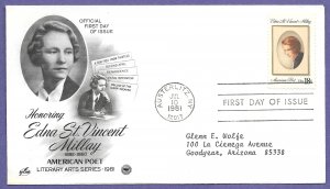 1926 EDNA ST. VINCENT MILLAY 18c 1981, ARTCRAFT FIRST DAY COVER ADDRESSED.