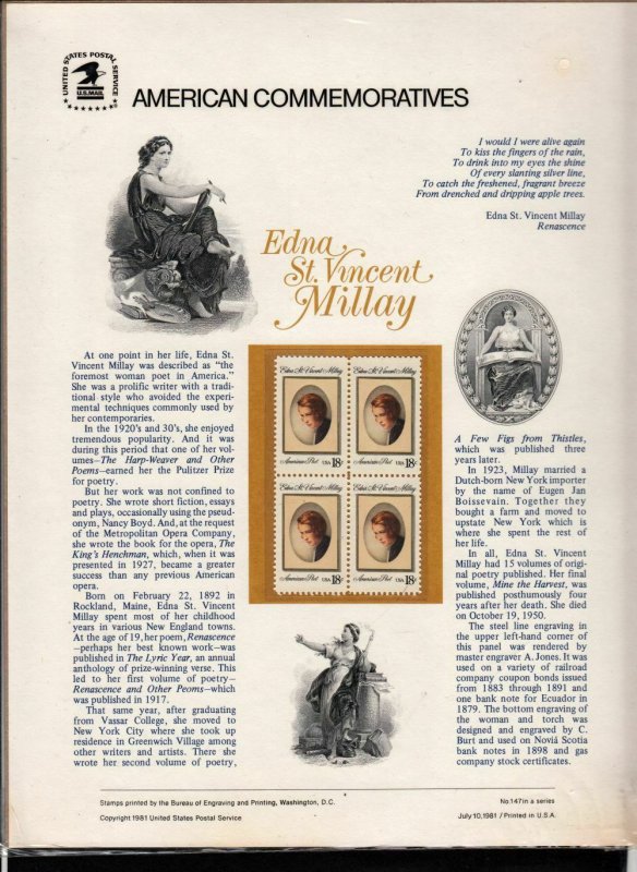 1981 Sc CP147 Edna St. Vincent Millay USPS commemorative panel Sc 1926