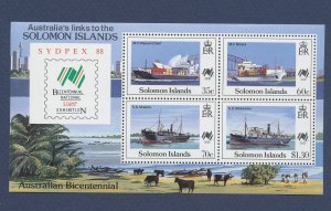 SOLOMON ISLANDS -  Scott 621a - MNH S/S - Ships, SYDPEX 88 stamp exhib - 1988 -a
