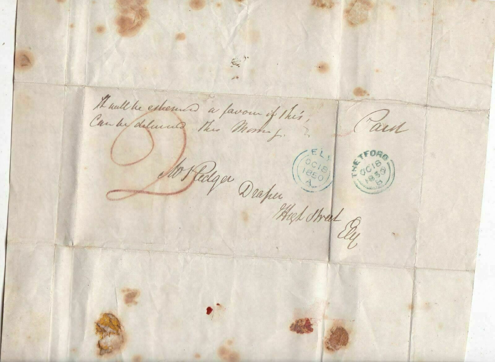 England 1850 Thetford Cancel Torn & Folded Stamp Letter to Ely Ref
