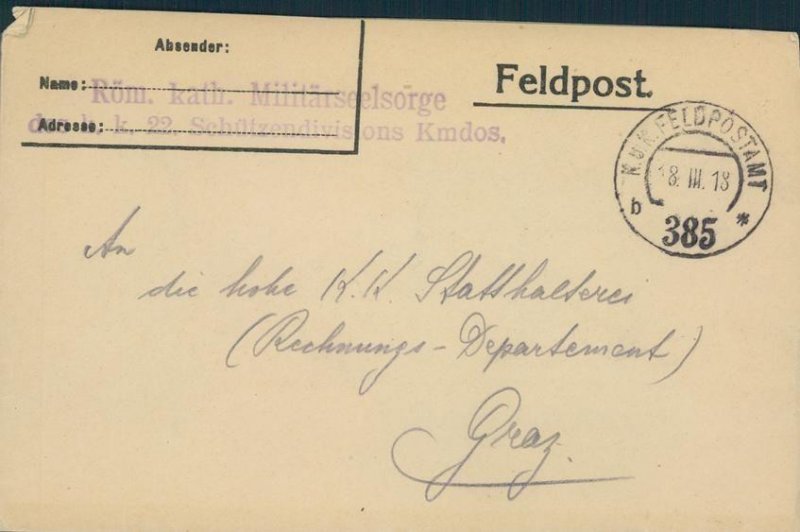 Austria WWI Catholic Mission Feldpost PPC G46856