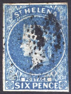 St Helena 1856 6d Blue, Imperf Wmk Large Star SG 1 Scott 1 FU Cat £180($232)
