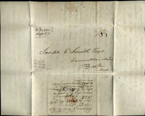Warren Ms.,  18¾¢ 1822 stampless cover to Boston, Mass