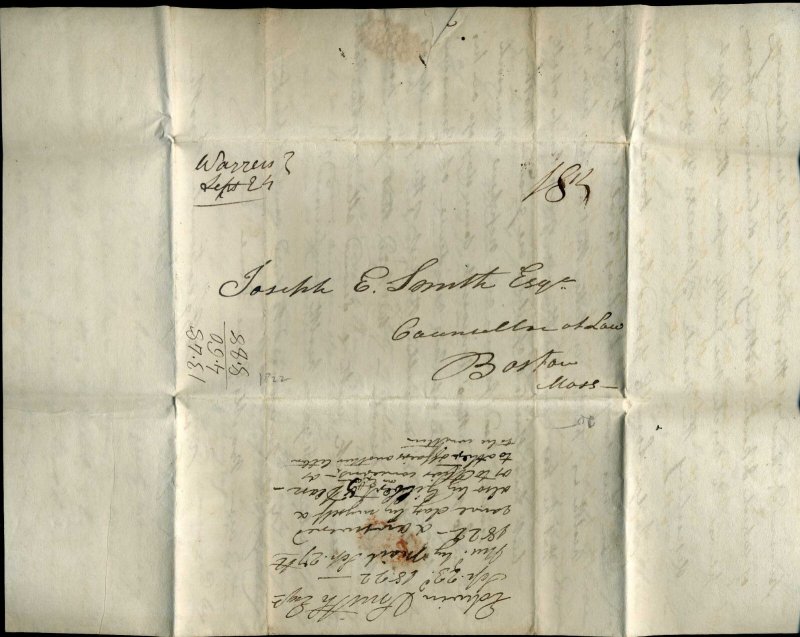 Warren Ms.,  18¾¢ 1822 stampless cover to Boston, Mass