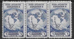 US #733 MNH strip of 3. Byrd Antarctic Expedition II.  Super nice.