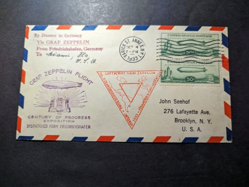 1933 USA LZ127 Graf Zeppelin Airmail Cover Varick to Brooklyn NY Century Exhibit