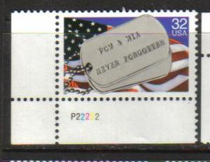 #2966 MNH Plate # single 32c POW & MIA 1995 Issue