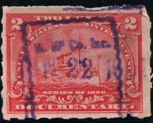 R164p 2¢ Battleship Documentary Stamp: Hyphen Hole  Perf 7 (1898) Date Stamped