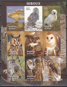 Chad, 2004 Cinderella issue. Various Owls, IMPERF sht/9. Rotary & Lions Logos. ^