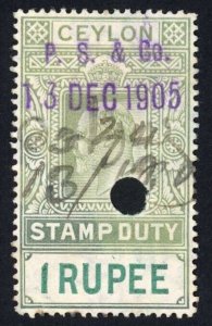 Ceylon Stamp Duty BF113 1r Green and Green wmk Mult Crown CA