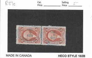 5c Inland Exchange Tax Stamp, Sc # R27c, Pair, used. Nice Canx (55832)