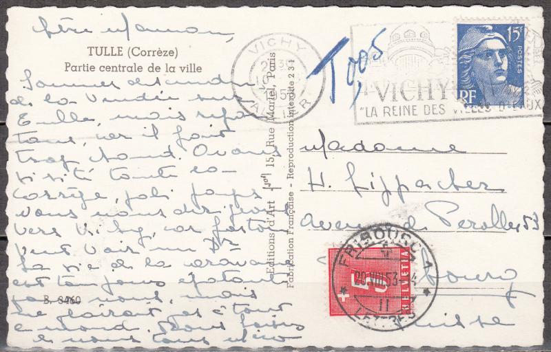 France - 10.8.1953 Postage Due PC to Switzerland (2678)