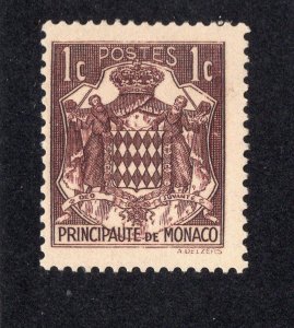 Monaco 1938 1c dark violet brown Arms, Scott 145MH, value = 25c