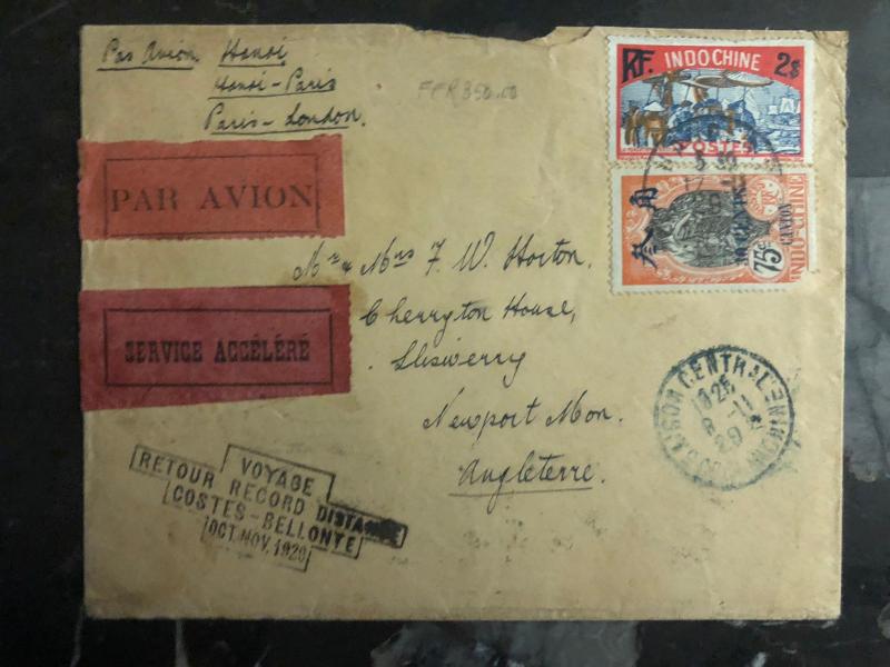 1929 Hanoi Vietnam First Flight Cover to Paris France Bellonte Costes 500 flown