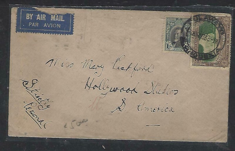 SOUTHERN RHODESIA COVER (PP1211B) 1933 KGV 1/-+ WATERFALLS 3D  TO MARY PICKFORD