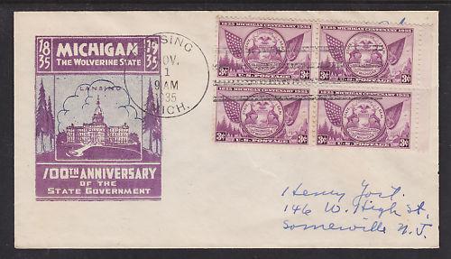US Planty 775-20 FDC. 1935 3c Michigan Centenary, Ioor Cachet 