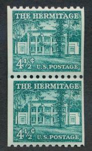 UNITED STATES 1059 MINT NH, F-VF, 4 1/2c HERMITAGE COIL LINE PAIR