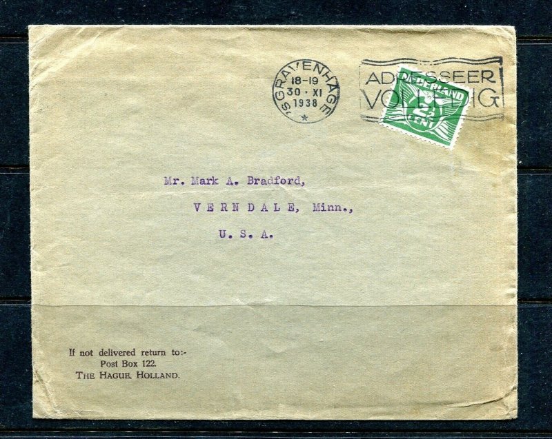 Netherlands 1938 Cover Gravenhage- USA Single Usage 2941