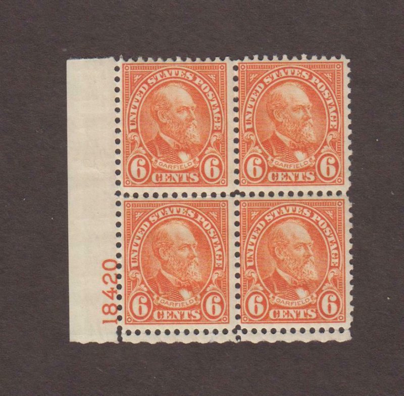 US,638,GARFIELD,MNH, PLATE BLOCK,1920'S SERIES MINT NH,OG