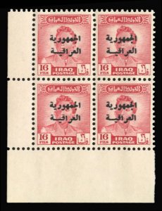 Iraq #190 Cat$60, 1958 16f rose red, corner margin block of four, never hinged