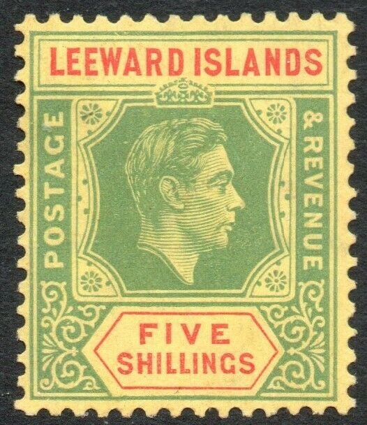 LEEWARD ISLANDS-1938-51 5/- Green & Red/Yellow Sg 112 light gum toning MM V41896