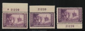1934 Wisconsin Tercentenary 3c purple Sc 739 MNH matched plate numbers 21239 (F