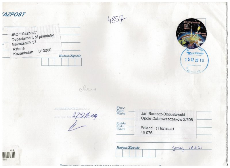 Kazakhstan 2019 Registered Cover to Poland Stamps Space Satellite