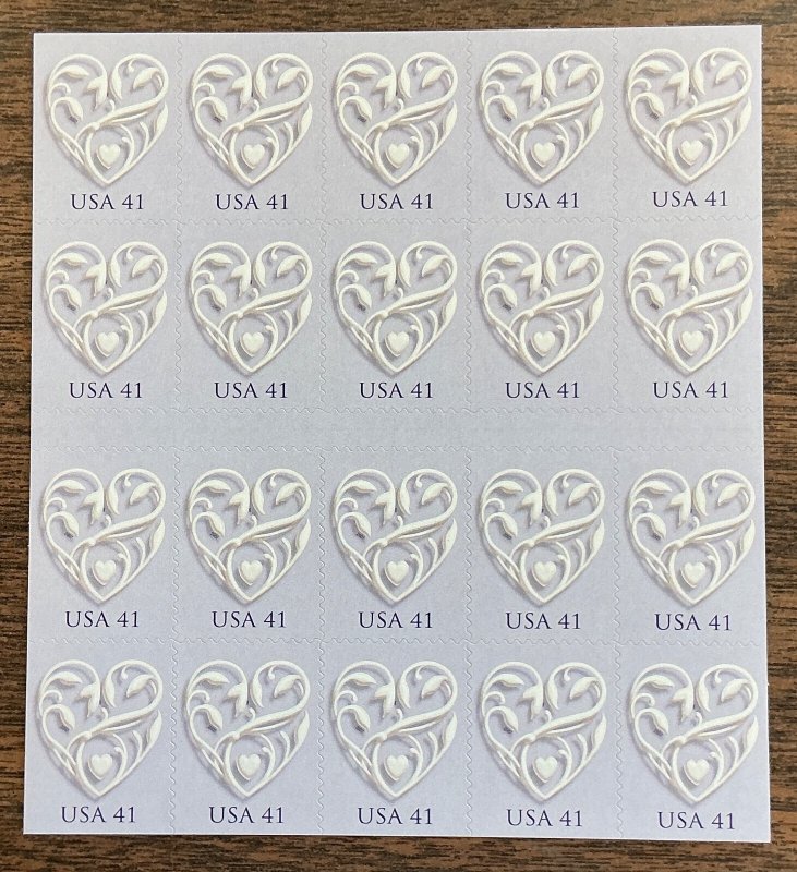 4151a LOVE Silver Hearts MNH Sheet of 20 41 c stamps FV $8.20 GREAT FOR WEDDINGS