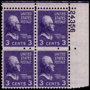 US #807 JEFFERSON MNH UR PLATE BLOCK #24356