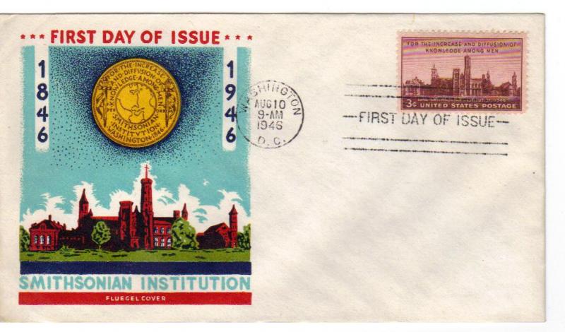 US 943 (Me-12) 3c Smithsonian FDC Fluegel Multi-Color Cachet ECV $50.00