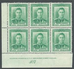 NEW ZEALAND GVI 1d green plate block #107 mint hinged......................11358