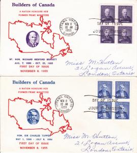 Canada # 357-358 First Day Covers, blocks of four