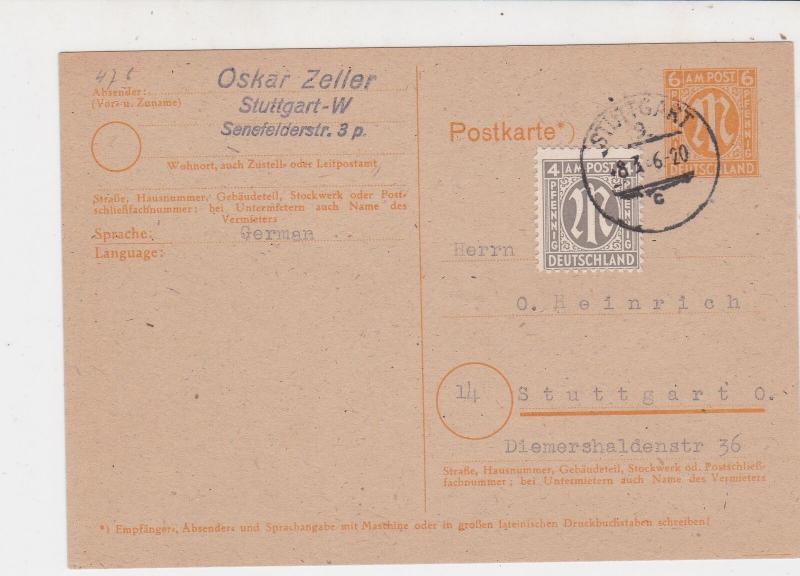 Germany 1946 Stuttgart Cancel Allied Occupation Stamp Card to Stuttgart Ref25863