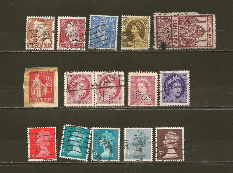 World Wide Collection of 15 Used Perfin Stamps Canada Great Britain Denmark etc