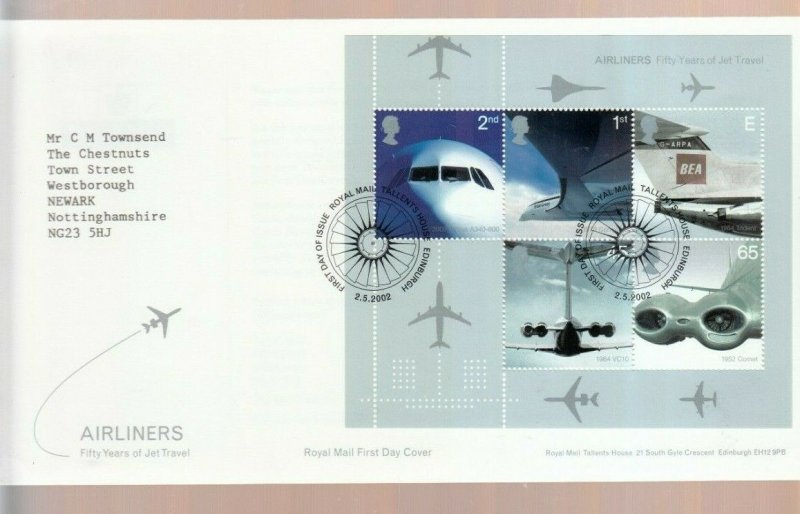 GB 2002 AIRLINERS MINI SHEET FDC ADDRESSED,  EDINBURGH CANCEL