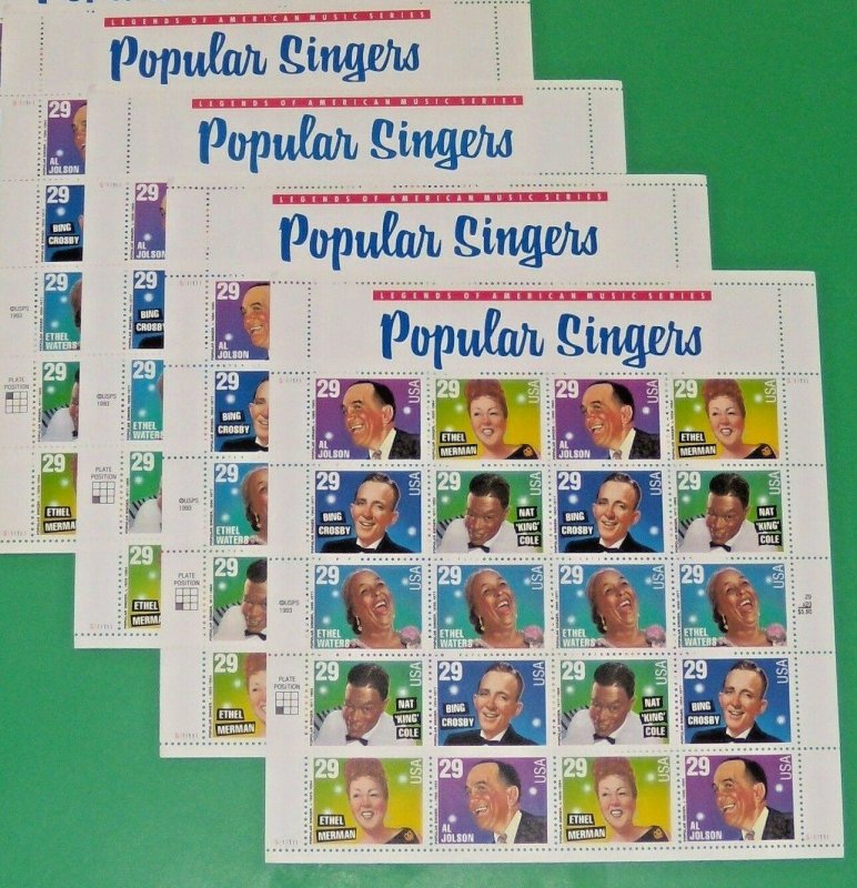 Four Sheets x 20 = 80 POPULAR SINGERS 29¢ USA Postage Stamps. Scott # 2849-2853 