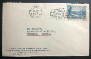 1934 Melbourne Australia Slogan Cancel Cover To Honolulu Hawaii City Centenary