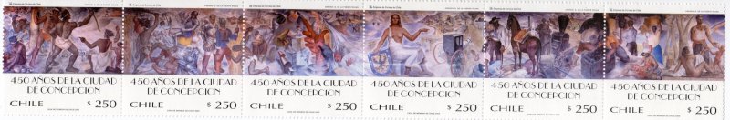 Chile 2000 Sc#1345  Mural by Gregorio de la Fuente-Paintings Strip of 6 Folded