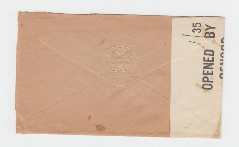CEYLON - USA 1942 CENSOR (L/35) COVER, METERED 25c RATE (SEE BELOW)