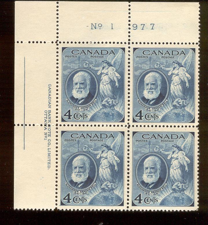 CANADA 274 MNH, ALEXANDER GRAHAM BELL, PLATE BLOCK