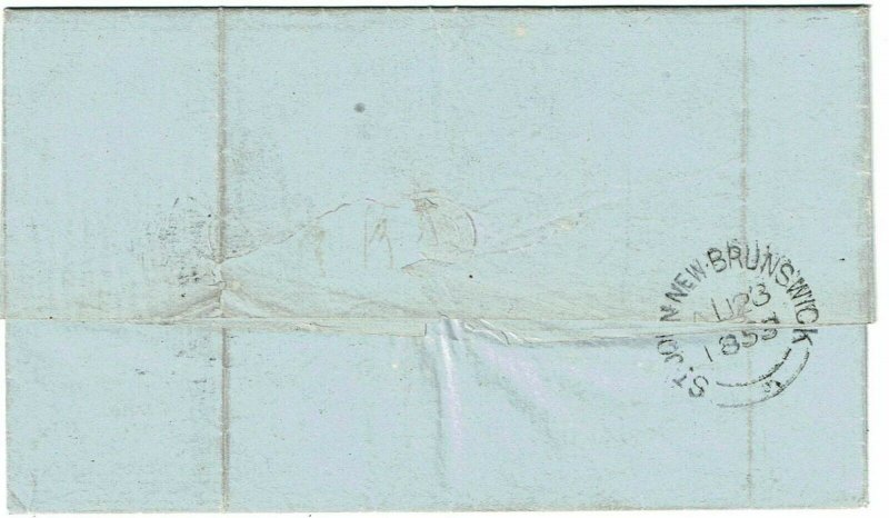 New Brunswick 1853 St. John cancel on folded letter to the U.S via Admiral